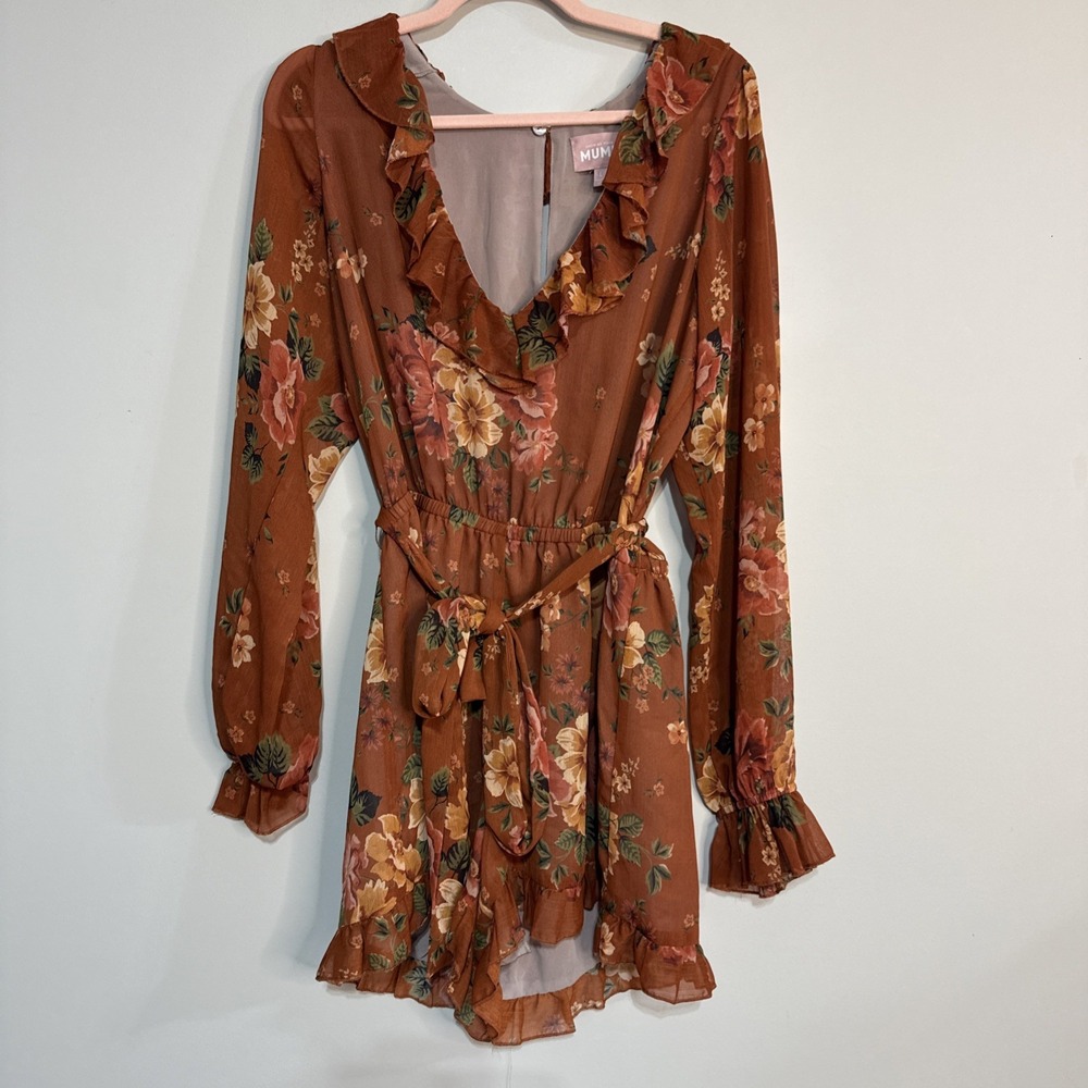 Show Me Your Mumu Romper Orange Floral Raquel Ruffle Long Sleeve Boho Size L